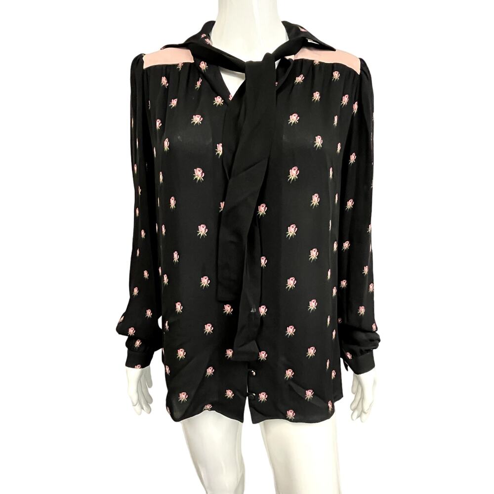 VALENTINO Black Pink Floral Printed Neck Tie Collared Long Sleeve Blouse Size 8